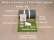 This image showcases the contents of a Chiputt putting mat box (1.5 feet wide option), including the rolled-up putting mat with mat strap, complimentary compact chipping mat, wooden backstop, one PaceMaster, one stainless steel hole cup with back lip, one stainless steel hole cup without back lip, one hole cut-out, two Chiputt logo accessory pouch, and two sets of white distance markers. This setup is ideal for golfers seeking a realistic, versatile practice experience at home with limited space.