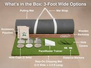This image showcases the contents of a Chiputt putting mat box (3 feet wide option), including the rolled-up putting mat with mat strap, complimentary step-on chipping mat, handcrafted wooden backstop, one PaceMaster pace trainer, three stainless steel hole cup with back lip, three stainless steel hole cup without back lip, three hole cut-outs, Chiputt logo accessory pouches, and two sets of white distance markers. This setup is ideal for golfers seeking a realistic, versatile practice experience at home.