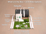 What's in the box: Chiputt 1.5 ft wide golf putting mat kit — rolled putting mat with carry strap, dual-hole chipping mat (1.5 ft wide x 2.5 ft long), white side rails, stainless steel hole cups (3 sets), PaceMaster ramp, wooden backstop, hole covers, distance markers, anti-slip tape and accessory pouches