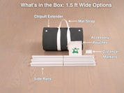What's in the box: Chiputt 1.5 ft wide putting mat extender — rolled extender mat with carry strap, six white side rails, distance markers and accessory pouch
