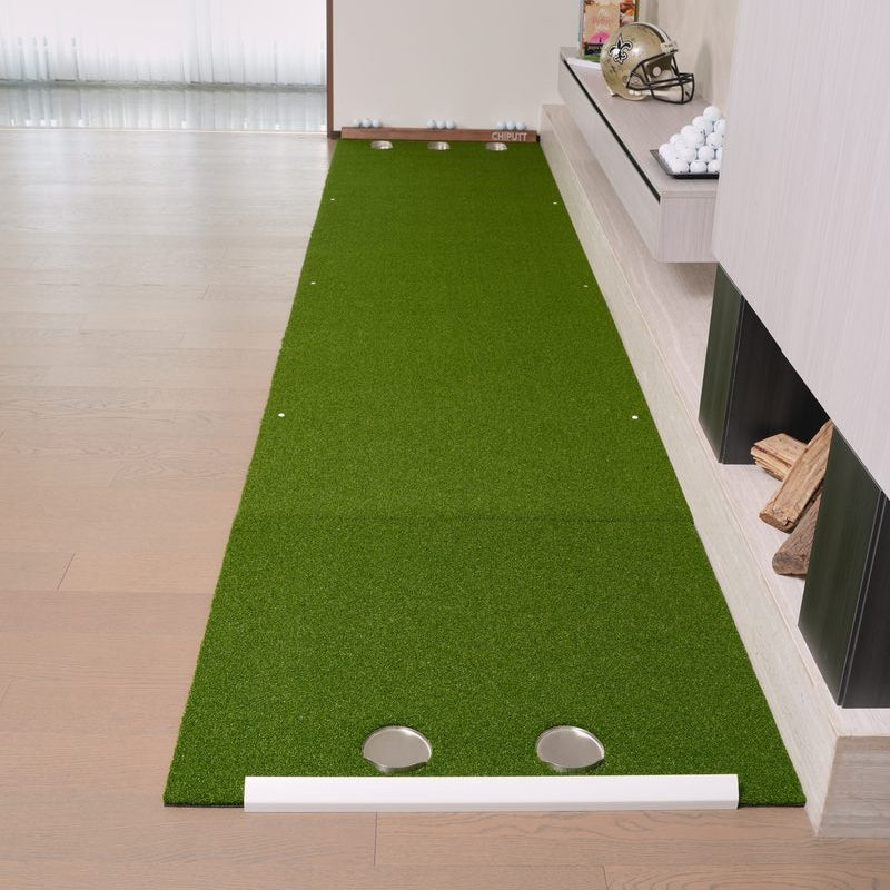 Vertical view of the Chiputt 3 ft × 11 ft putting mat with the 2.5 ft long Dual-Hole Chipping Mat connecting to the front — total putting distance 13.5 ft, 2 holes on the chipping mat side, 3 holes on the other side, enabling two-way putting practice with the side rail as backstop on the chipping mat side