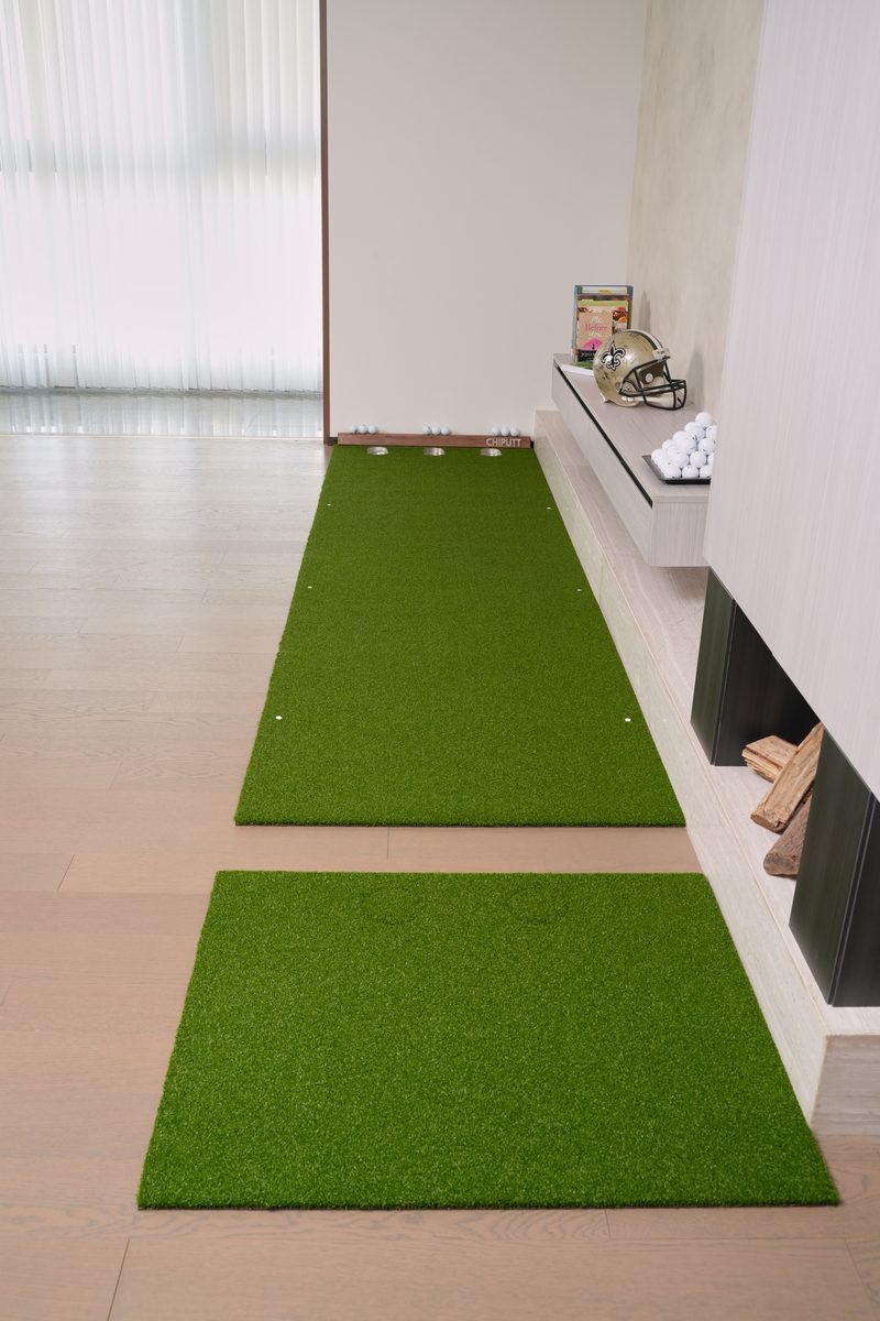 Vertical view of the Chiputt 3 ft × 11 ft putting mat with the Dual-Hole Chipping Mat separated from the putting mat — chipping mode setup, chip from the chipping mat onto the putting mat targeting the 3 holes