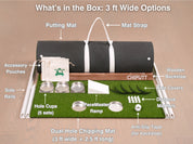 What's in the box: Chiputt 3 ft wide golf putting mat kit — rolled putting mat with carry strap, dual-hole chipping mat (3 ft wide x 2.5 ft long), white side rails, stainless steel hole cups (5 sets), PaceMaster ramp, wooden backstop, hole covers, distance markers, anti-slip tape and accessory pouches