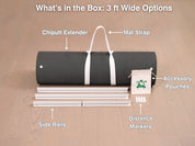 What's in the box: Chiputt 3 ft wide putting mat extender — rolled extender mat with carry strap, four white side rails, distance markers and accessory pouch