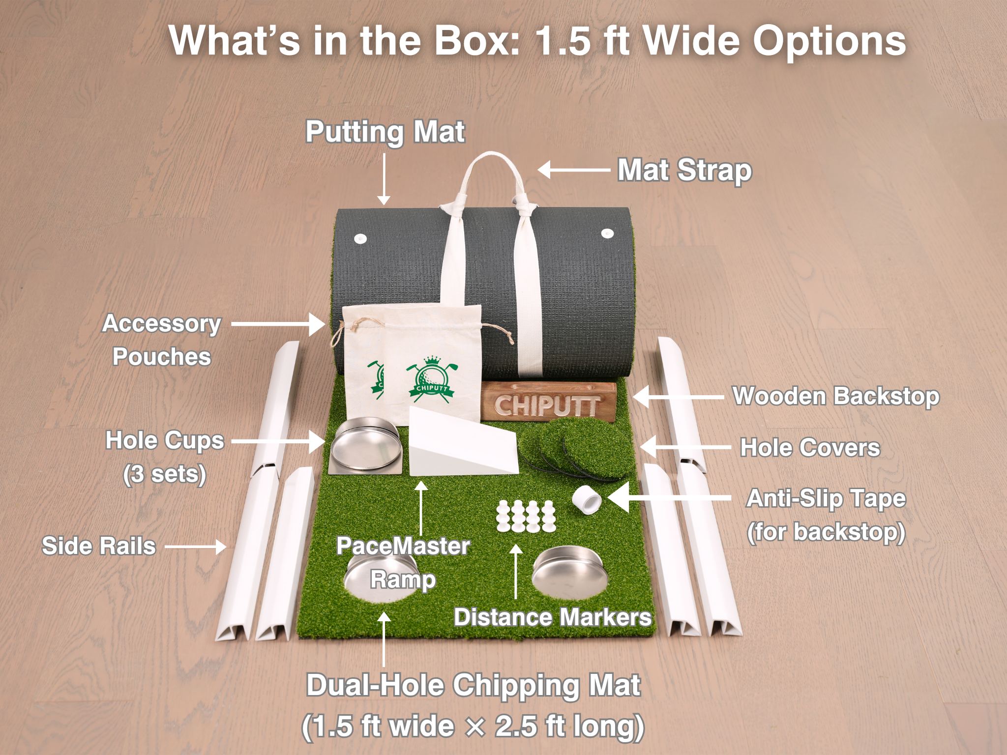 What's in the box: Chiputt 1.5 ft wide golf putting mat kit — putting mat, dual-hole chipping mat, side rails, stainless steel hole cups, PaceMaster ramp, wooden backstop and accessories