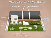 What's in the box: Chiputt 3 ft wide golf putting mat kit — putting mat, dual-hole chipping mat, side rails, stainless steel hole cups, PaceMaster ramp, wooden backstop and accessories