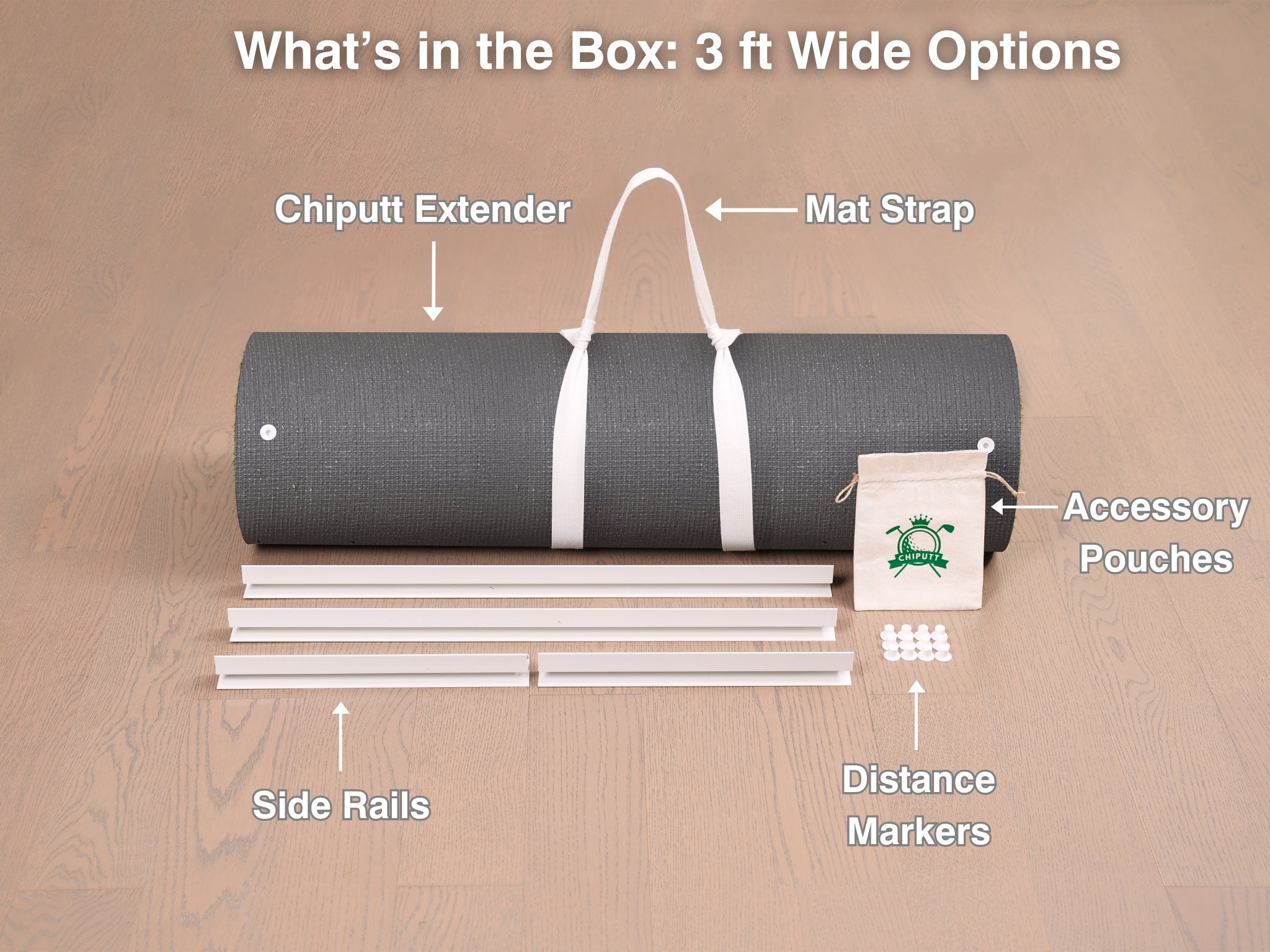 What's in the box: Chiputt Extender 3 ft wide — extender mat, mat strap, side rails, distance markers and accessory pouches