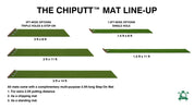 The Chiputt Mat line-up, showcasing five size options: 3ft x 8ft, 3ft x 11ft, 3ft x 14ft with triple holes and a step-on mat, and 1.5ft x 8ft, 1.5ft x 11ft with a single hole. All mats come with a complimentary multi-purpose 2.5ft-long Step-On mat for added putting distance, chipping practice, or as a standing mat. Designed for indoor and outdoor golf training.