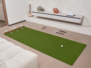 Full view of Chiputt putting mat in a modern living room setup, showcasing its stylish design and versatility for indoor golf practice.