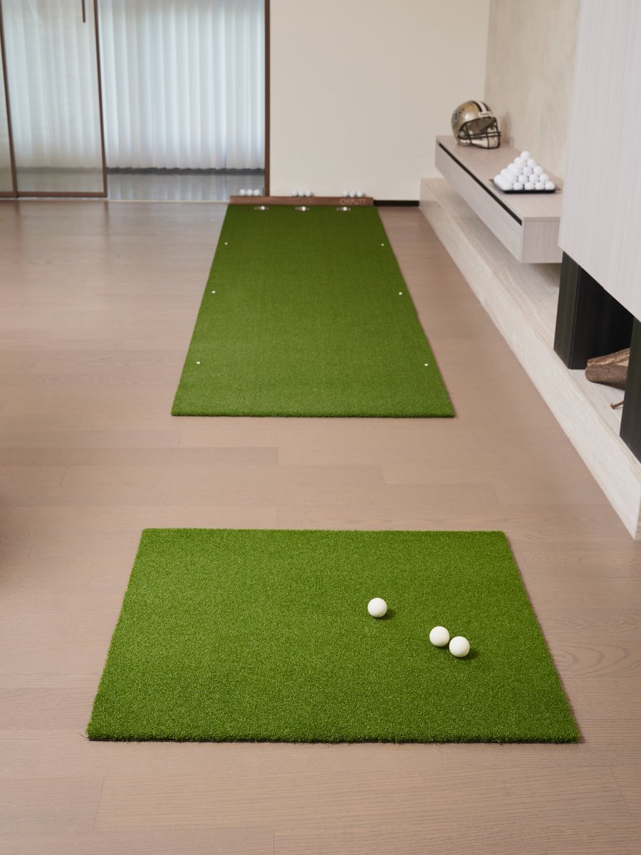 Chiputt’s complimentary step-on mat laid out in a living room, equipped with soft foam golf balls for home chipping practice, showcasing the versatility and indoor utility of the Chiputt products.