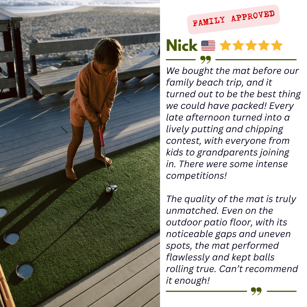 Five-star review from Nick in the US saying his family used the Chiputt mat on vacation and everyone joined the putting contests.