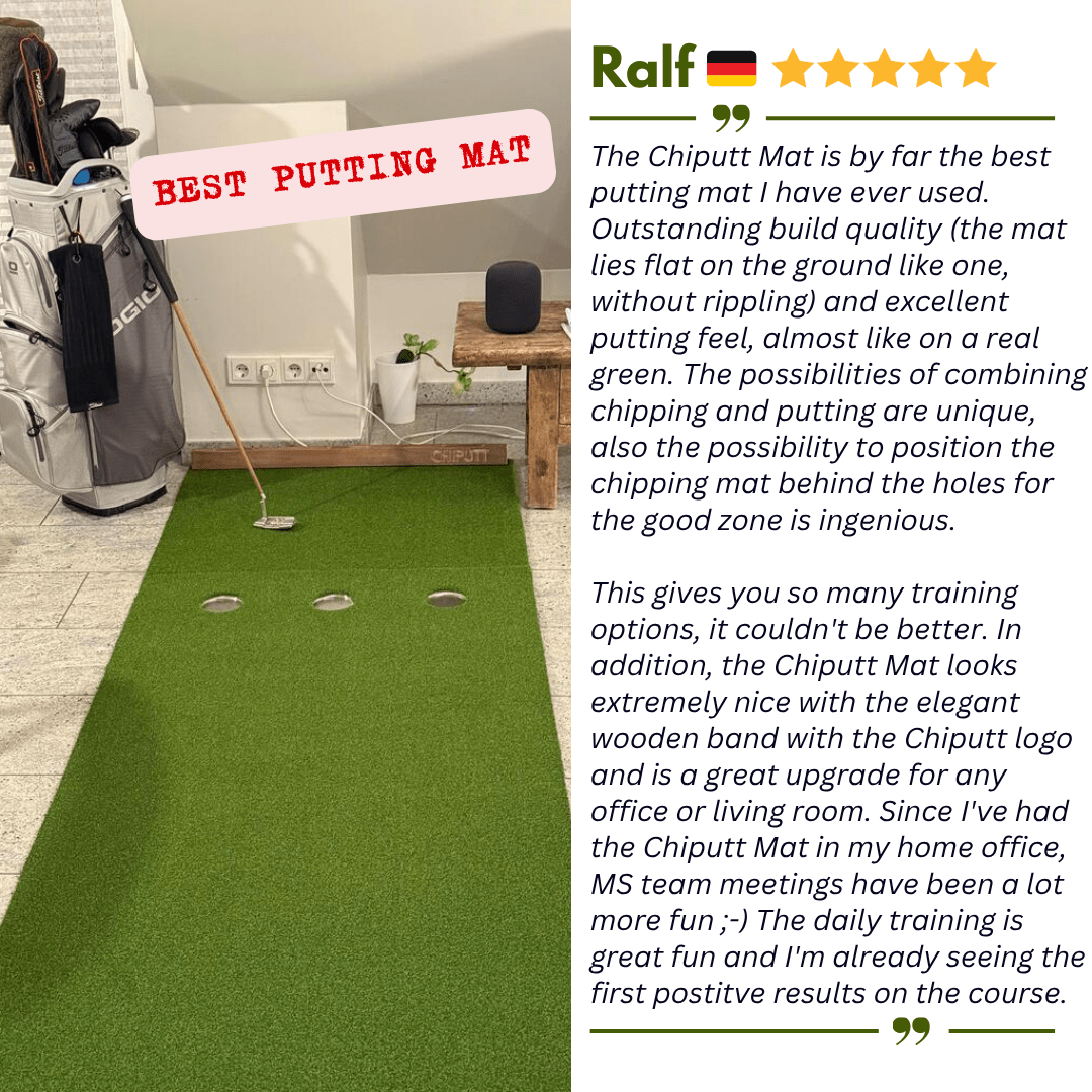Five-star review from Ralf in Germany calling Chiputt the best putting mat with true roll and chipping features.